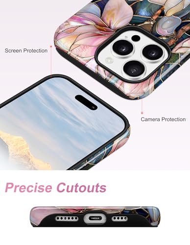 Magnetic Flower Phone Case for iPhone 17 Pro, White Magnolia | Compatible with MagSafe, Cute Stained Glass Floral Aesthetic, TPU and PC Shockproof Protective Phone Cover for Women Girls - color: Staind Glass White Magnolia
