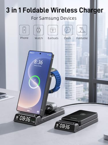 Wireless Charger for Samsung S25 with Clock 3 in1 Foldable Charging Station - color: Black