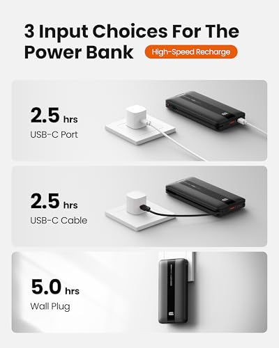 Portable Charger with Wall Plug, Fast Charging Power Bank Built-in Cables, Slim 10500mAh 22.5W 4 Outputs 3 Inputs LED Display External Battery Pack Compatible with iPhone/Android (Black) - color: Black