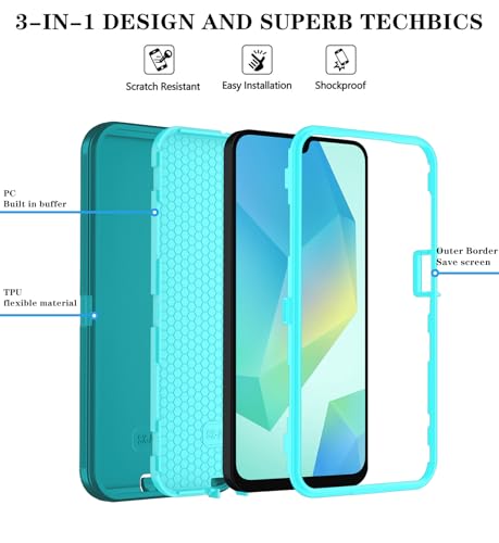 Qinmay Phone Case for Samsung Galaxy A17 5G Case, Galaxy A16 5G Case with HD Screen Protector, Heavy Duty Shockproof 3-Layer Cover Phone Case for Galaxy A17 / A16 ，LakeSkyBlue - color: LakeSkyBlue