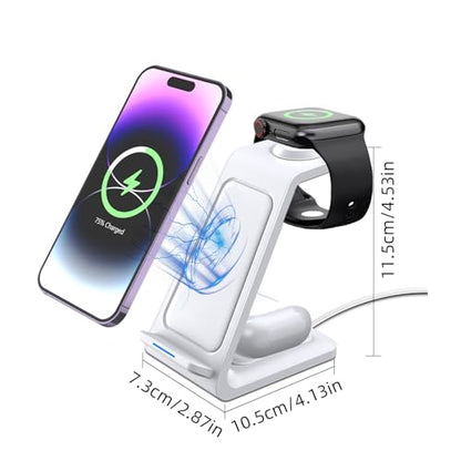3 in 1 Wireless Charging Station, 15W Wireless Charger Stand for iPhone, Charging Dock for Watch and AirPods, Type C Input with 1m Cable Included, ABS Desk Nightstand Charger