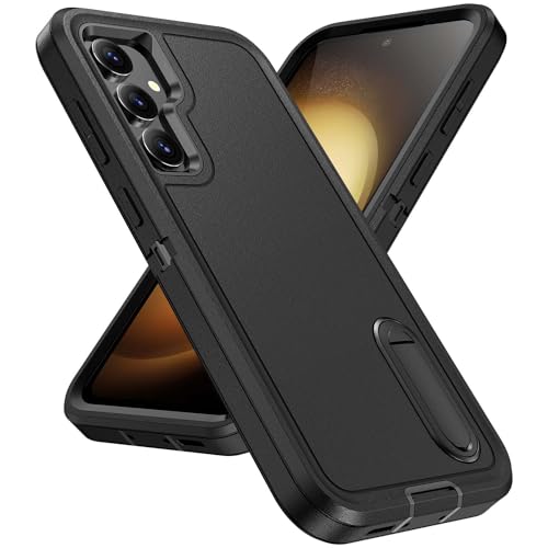 for Samsung Galaxy S23 FE Case with Kickstand Case 3-Layer Military Grade Protective Case Cover Silicone Heavy Duty Rugged Shockproof for Galaxy S23 FE Phone Case (Black+Black) - color: Black+Black