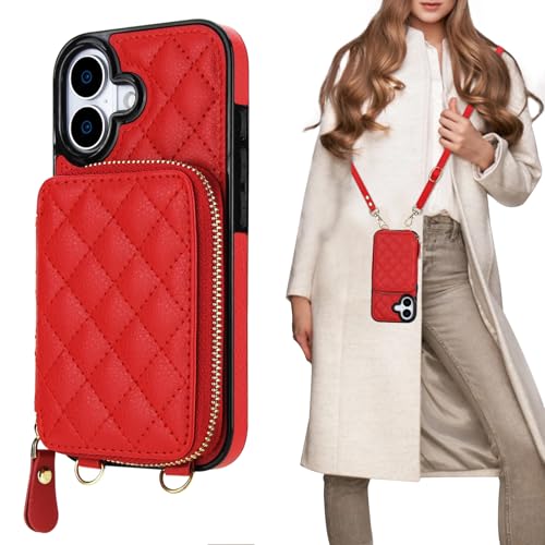 Bocasal Crossbody Wallet Case Card Holder for iPhone 17, Red | RFID Blocking PU Leather Zipper Handbag Purse, Kickstand Flip Folio Case with Card Slots Holder Wrist Strap Lanyard 6.3 Inch - color: Red