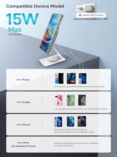Compatible with MagSafe Charger, 15W MagSafe Charger Stand, 360°Rotation Base Adjustable Foldable Wireless Charger for Samsung Galaxy S25 Ultra/Z Fold7/Flip7/iPhone 17/Pixel 10 Pro/Pixel 10 Pro Fold - color: White