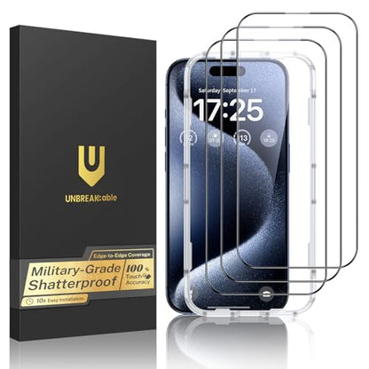 UNBREAKcable 3-Pack Screen Protector for iPhone 15 Pro Max, Double Shatterproof Tempered Glass [Easy Installation Frame] [HD Clear] [9H Hardness] [Full Coverage] for iPhone 6.7 inch - size: iPhone 15 Pro Max