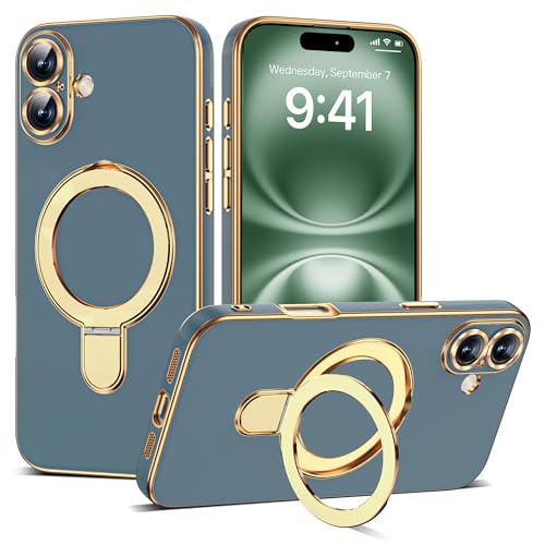 Compatible with iPhone 16 Plus Case with Magnetic Ring Stand [Compatible with Mag-Safe] [Full Camera Lens Protector] Soft Plating Phone Case for iPhone 16 Plus 6.7", Grey Blue - color: Grey Blue, size: Iphone 16 Plus