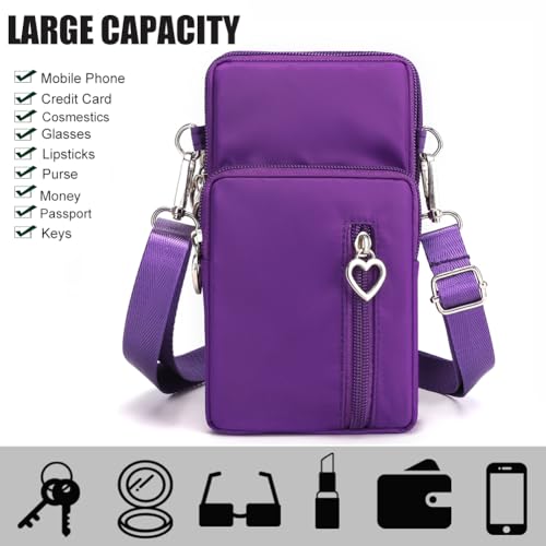 Small Crossbody Bag for Women, Multi Zip Pockets Nylon Wallet Purse Credit Card Holder with Detachable Hand Strap - color: Purple