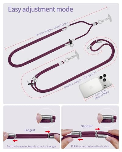 3 in 1 Luxury Phone Lanyard, Adjustable Crossbody Neck Strap & Short Wrist Strap, Anti-Lost Anti-Theft Detachable Phone Chain, Versatile Shoulder Phone Sling for All Cell Phones(Wine red) - color: Wine Red
