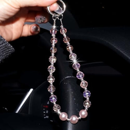 Sparkle Crystal Pearl Phone Wrist Strap for Women, Sparkling Beaded Cellphone Lanyard Chain - color: Pink