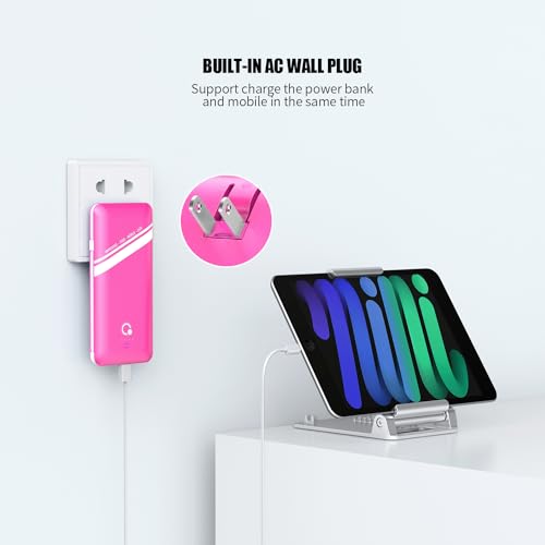 10000mAh Power Bank, Q Slim Portable Charger,4 Output External Battery Pack with Built-in AC Wall Plug Micro USB C Three Cables Compatible with All Kinds of mobilephone (Pink) - color: Pink
