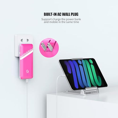 10000mAh Power Bank, Q Slim Portable Charger,4 Output External Battery Pack with Built-in AC Wall Plug Micro USB C Three Cables Compatible with All Kinds of mobilephone (Pink) - color: Pink