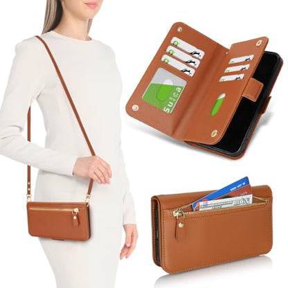 for iPhone 15 Pro Wallet Case for Women,for iPhone 15 Pro Case with Strap Crossbody Lanyard,PU Leather Shockproof Card Holder Stand Zipper Pocket Flip Phone Case-Brown - color: Brown