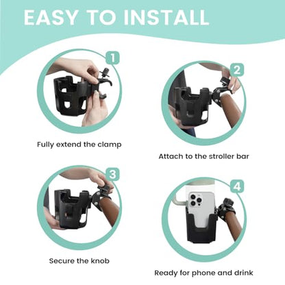 Large Size 2-in-1 Stroller Cup and Phone Holder, Adjustable Clip-On, Black