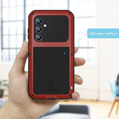 LOVE MEI Military Rugged Case for Samsung Galaxy S23 Fe, with Tempered Glass Screen Protector, Shockproof Dustproof Scratch Proof Hybrid Metal and Silicone Gel Heavy Duty Full Body Cover (Red) - color: Red