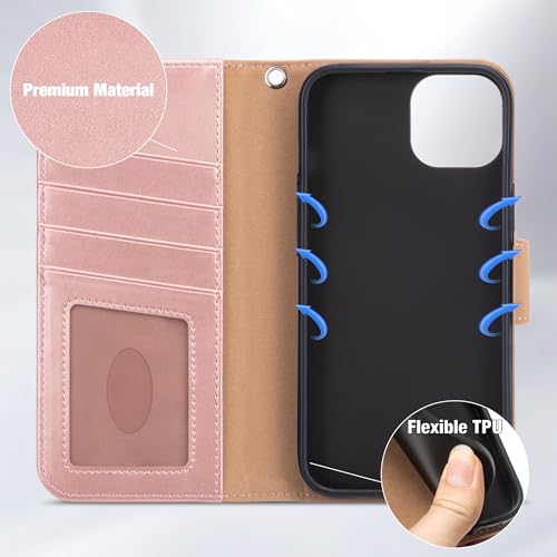 Arae Compatible with iPhone 15 Plus Case with Card Holder and Wrist Strap Wallet Flip Cover for iPhone 15 Plus 6.7 inch,Rose Gold - color: Rose Gold, size: iPhone 15 Plus 6.7 inch