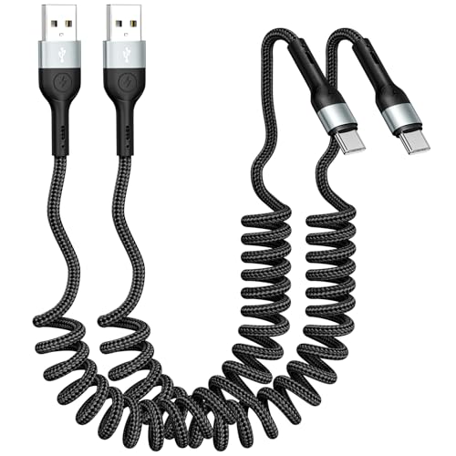 Coiled USB A to USB C Cable, 3FT USB C Cable,Black Charger Cord - color: Black