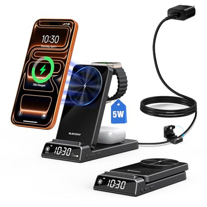 3 in 1 Charging Station for Apple,Travel Wireless Charger with Clock - color: Black