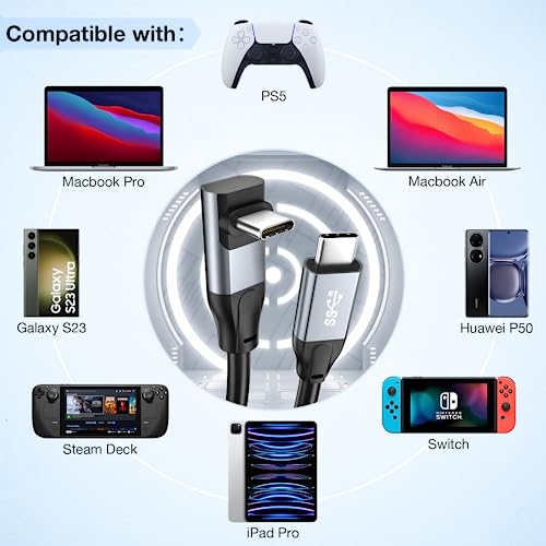 USB C to USB C Cable 90 Degree 20Gbps USB C Data Transfer Cable, 100W PD Charging 4K@144Hz/60Hz Video Cable Down Angle USB C 3.2 Gen2x2 Cord Compatible with MacBook,iPad,iPhone 17/16,S25/S24 (1.65FT) - size: 1.65 FT / 0.5 m Silicon, style: USB 20Gbps