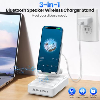 Jteman Cell Phone Stand with Bluetooth Speaker and Wireless Charger - color: White