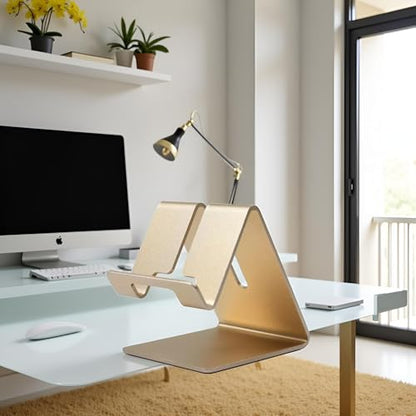 Gold Aluminium Alloy Cell Phone Stand, Cell Phone Stand Holder Aluminum Desktop Solid Universal Desk Stand Aluminum Desktop Stand for All Mobile Smart Phone Office Decor