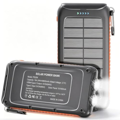 Solar Charger Power Bank 49800mAh, Portable Solar Phone Charger with 2 USB-A & USB-C Ports, 15W Fast Charging for iPhone, Samsung and More, Dual Flashlightfor Camping, Travel & Emergency Backup