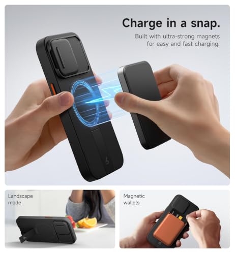 SURITCH for iPhone 15 Pro Case with Magnetic Camera Slide Cover and Adjustable Kickstand, Compatible with MagSafe, Shockproof Bumper Case Slim Protective Cover 6.1 Inch, Black - color: Black, size: IPhone 15 Pro-6.1"