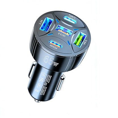 5-in-1 Super Fast Charging USB C Car Charger Adapter for iPhone, 65W Multi-Port PD30W & QC3.0 Cigarette Lighter USB Charger for Android/Samsung/iPad Pro (Black) - color: Black