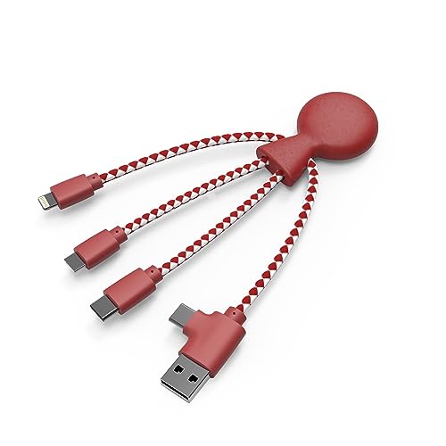 Xoopar Multi USB Cable 4 in 1 - Universal Charger Made from Recycled Plastic - USB, USB-C, Lighting, Micro USB Ports - Compatible with All Smartphones Mr Bio RED Octopus - color: Red