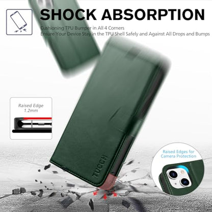 TUCCH Wallet Case for iPhone 13 (6.1") 2021, Flip Stand, Midnight Green | RFID Blocking, 3 Card Holders, Kickstand, PU Leather, Shockproof TPU Shell, Magnetic Closure, Protective Folio Cover - color: Dark Green