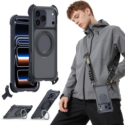 MAGEASY Odyssey Ultra MagSafe 360° Magnetic Stand iPhone 17 Pro Max Crossbody Case with Strap for Men, 25ft Shockproof TPU + Aluminum Frame, Interchangeable Lanyard Eyelets (Midnight w/Kickstand) - color: Midnight w/ Kickstand, size: iPhone 17 Pro Max