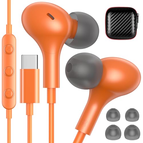 USB C Headphones for Apple/iPhone Duo 18 17 16 15 Wired Earbuds with Case - color: Orange