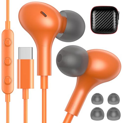 USB C Headphones for Apple/iPhone Duo 18 17 16 15 Wired Earbuds with Case - color: Orange