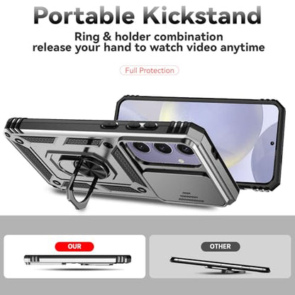for Samsung Galaxy S24 FE Case with Camera Lens Cover HD Screen Protector, Dual Layer Military-Grade Drop Tested Magnetic Ring Holder Kickstand Protective Phone Case for Galaxy S24 FE (Silver) - color: Silver with camera cover Military-Grade 2nd gen