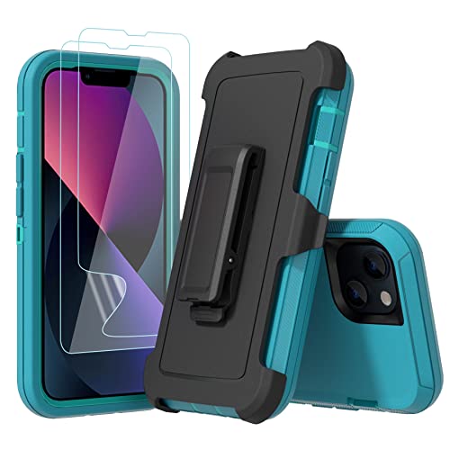 Compatible with iPhone 13 6.1 inch Case,with Screen Protectors,Heavy Duty Rugged Shockproof Full Body Protection Kickstand Case with Belt Clip Holster for iPhone 13 Phone (Teal+Light Blue) - color: Teal+Light Blue