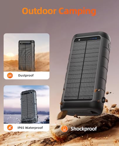 Solar Charger Power Bank 59800mAh, 6 Outputs & Hand Crank, Emergency Use - color: Grey Black