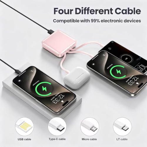 ummz Mini Portable Charger with Built-in 4 Cables，12000mAh Small Power Bank - color: pink