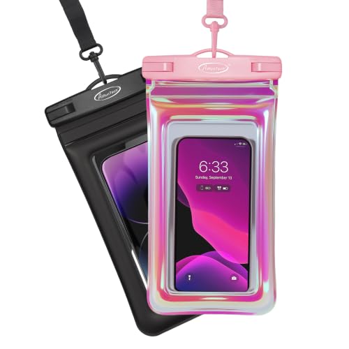 AiRunTech XL Waterproof Phone Pouch,Double Seal Floating Phone Case for Swimming Kayak Paddle Board,Protector iPhone 17 16 15 14 13, River Lake Canoe Boating Beach Accessories(Iridescent Pink+Black)
