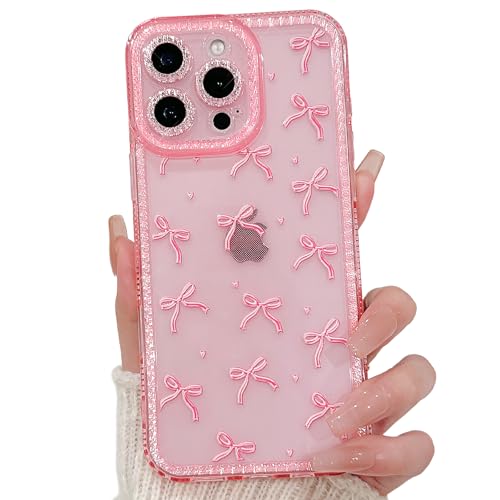 NITITOP Compatible with iPhone 16 Pro Case Cute Clear Pink Glitter Bow Knot Design Shiny Star Sparkle Bling Diamond Girls Women Soft TPU Shockproof Protective Phone Cover - Large Bow Heart - color: Large Bow Heart, size: iPhone 16 Pro