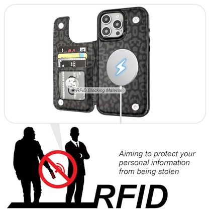 HAOPINSH for iPhone 16 Pro Max Case Wallet Compatible with MagSafe Wireless Charging, Black Leopard Cheetah Pattern Back Flip Folio Leather Kickstand Card Slots Case Double Magnetic Clasp Cover 6.9" - color: Black Leopard for MagSafe