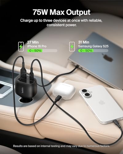 Belkin 75W USB C Car Charger, with 2.5ft. Retractable Cable
