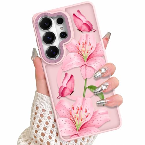 Magnetic Case for Samsung Galaxy S26 Ultra, Pink Lily Flower | Compatible with MagSafe, Frosted Shockproof Cover, Cute Floral Design, Slim Phone Case for Women Girls - color: Pink Lily Flower, size: Samsung Galaxy S26 Ultra