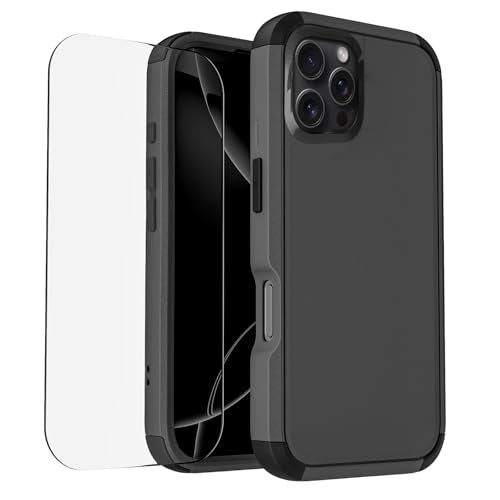 Compatible with iPhone 16 Pro Max Phone Case with Tempered Glass Screen Protector - 3 in 1 Shockproof Shock-Resistant Drop Protection Non-Slip Protective Case for iPhone 16 Pro Max 6.9" (Black) - color: Black, size: i16ProMax