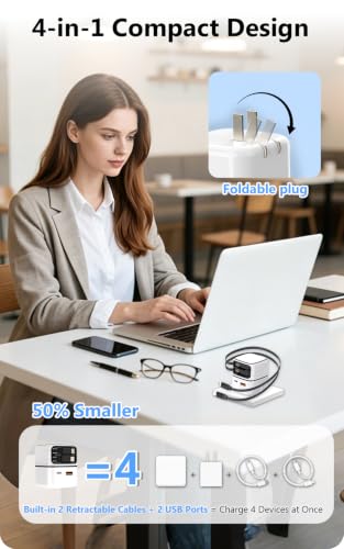 4 in 1 Retractable Wall Charger, 35W Fast Charging Travel Charger - color: White