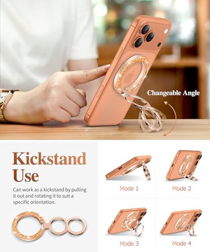 GVIEWIN Magnetic Phone Ring Holder, Compatible with MagSafe Phone Grip | Adjustable Stand, Magnet Phone Ring Kickstand, for iPhone 17/16/15/14/13/12 Pro Max Plus Air/Other Phones (Glitter/Orange) - color: Glitter/Orange