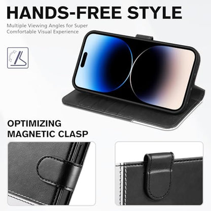 TUCCH Wallet Case for iPhone 14 Pro (6.1"), 4 Card Holders, Black & White | RFID Blocking, Viewing Stand, Shockproof TPU Shell, PU Leather, Magnetic Closure, Protective Folio Flip Cover - color: Black & White