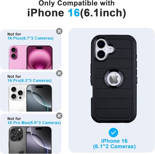 for Defender iPhone 16 Case Silicone,Heavy Duty Rugged Full-Body, Black | 3 Layers of Sturdy,Anti-Drop,Cover for iPhone 16 Case - color: Black