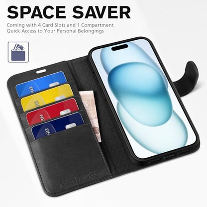 TUCCH Wallet Case for iPhone 15 (6.1") 2023, 4 Card Holders, Black | RFID Blocking, Viewing Stand, Shockproof TPU Shell, PU Leather, Magnetic Closure, Protective Folio Flip Cover - color: Black
