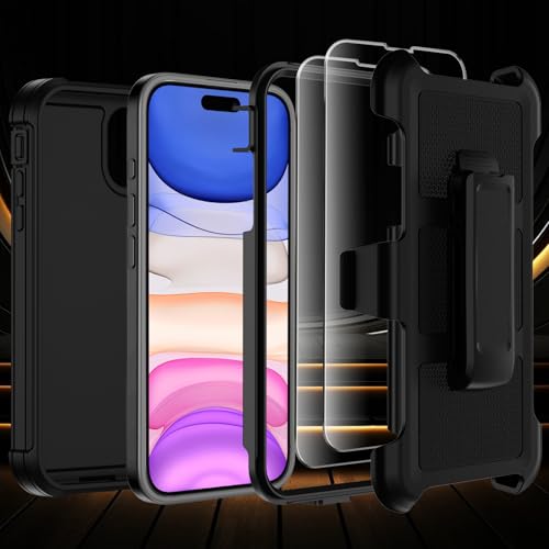 for iPhone 11 Case with Belt Clip Holster,Anti-Drop Shockproof Bumper Phone Cases w/2x Screen Protectors & Kickstand,Rugged Heavy Duty Military Grade Protective Defender Cover for Apple 11 (Black) - color: Black W/Belt Clip