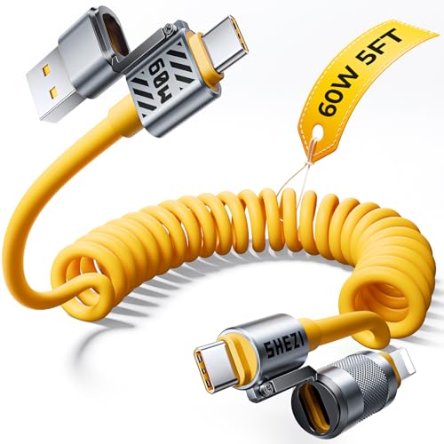 4 in 1 Coiled USB C Cable, 60W USBC to Lightning Cable Combo for Car, 5FT - color: Yellow, size: 60W, style: Coiled Cable