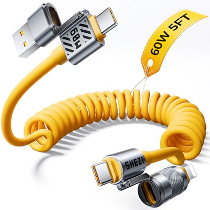 4 in 1 Coiled USB C Cable, 60W USBC to Lightning Cable Combo for Car, 5FT - color: Yellow, size: 60W, style: Coiled Cable